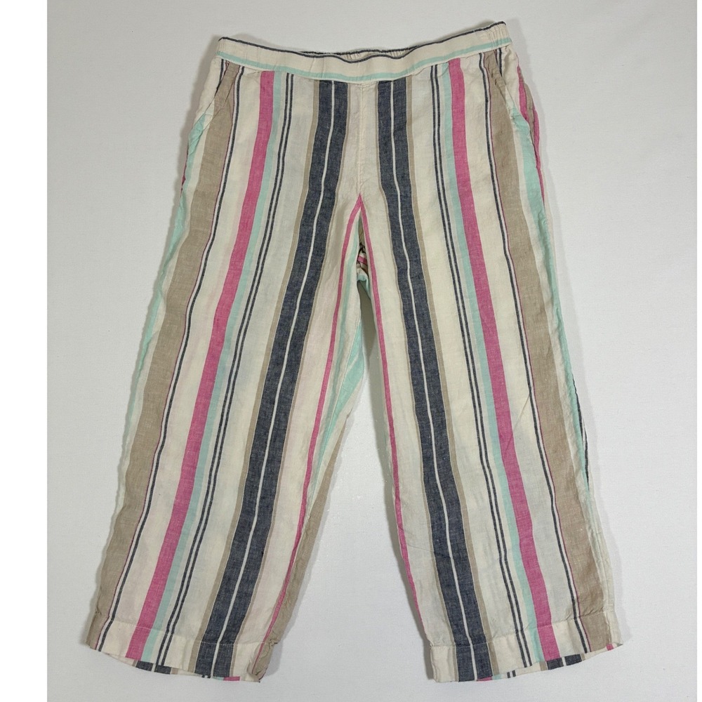 Charter Club Luxury Womens L Pink Blue Stripe 100% Linen Crop Pull On Pants
